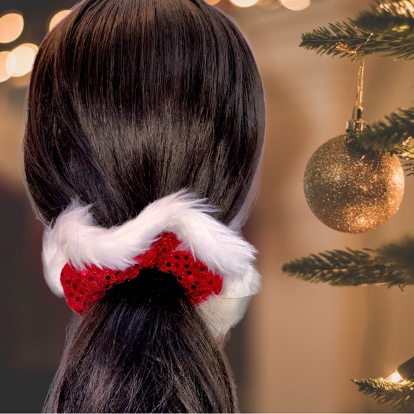 Santa Fur Sequence Scrunchie, Hair Accessory |Handmade Gift, Hair Tie, Stocking - Picture 4 of 13